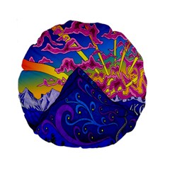 Psychedelic Colorful Lines Nature Mountain Trees Snowy Peak Moon Sun Rays Hill Road Artwork Stars Standard 15  Premium Round Cushions by Simbadda