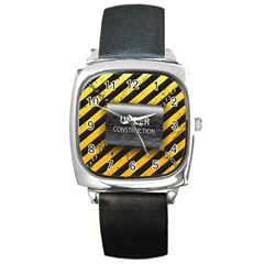 Under Construction Sign Iron Line Black Yellow Cross Square Metal Watch by Mariart
