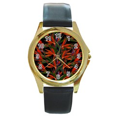 Bird Of Paradise Round Gold Metal Watch by Valentinaart