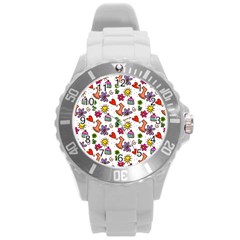 Cute Doodle Wallpaper Pattern Round Plastic Sport Watch (l) by BangZart