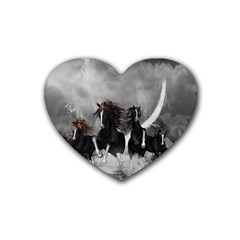 Awesome Wild Black Horses Running In The Night Rubber Coaster (heart)  by FantasyWorld7