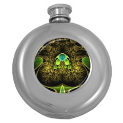 Beautiful Gold And Green Fractal Peacock Feathers Round Hip Flask (5 Oz) by jayaprime
