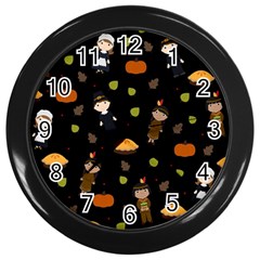 Pilgrims And Indians Pattern - Thanksgiving Wall Clocks (black) by Valentinaart