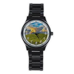 Sunrise Hills Landscape Nature Sky Stainless Steel Round Watch by Celenk
