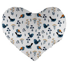 Spring Flowers And Birds Pattern Large 19  Premium Flano Heart Shape Cushions by TastefulDesigns