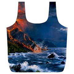 Eruption Of Volcano Sea Full Moon Fantasy Art Full Print Recycle Bags (l)  by Sapixe