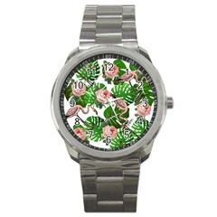 Flamingo Floral White Sport Metal Watch by snowwhitegirl