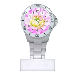 Pretty Pink, White And Yellow Cactus Dahlia Macro Plastic Nurses Watch by myrubiogarden