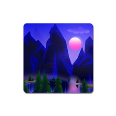 Mountains Dawn Landscape Sky Square Magnet by Pakrebo