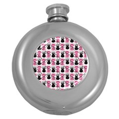 Waitress Uniform Dresses Nerdy Glasses Pattern Pink Round Hip Flask (5 Oz) by snowwhitegirl