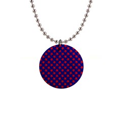 Red Stars Pattern On Blue 1  Button Necklace by BrightVibesDesign