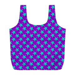 Turquoise Stars Pattern On Purple Full Print Recycle Bag (l) by BrightVibesDesign
