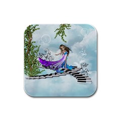 Cute Fairy Dancing On A Piano Rubber Square Coaster (4 Pack)  by FantasyWorld7