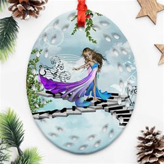 Cute Fairy Dancing On A Piano Oval Filigree Ornament (two Sides) by FantasyWorld7