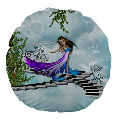 Cute Fairy Dancing On A Piano Large 18  Premium Round Cushions by FantasyWorld7