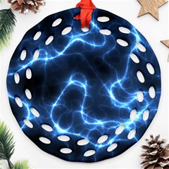 Lightning Electricity Pattern Blue Round Filigree Ornament (two Sides) by Mariart