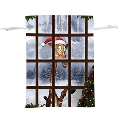 Funny Giraffe  With Christmas Hat Looks Through The Window  Lightweight Drawstring Pouch (xl) by FantasyWorld7