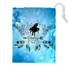 Piano With Feathers, Clef And Key Notes Drawstring Pouch (4xl) by FantasyWorld7