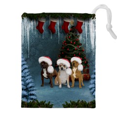 Christmas, Cute Dogs With Christmas Hat Drawstring Pouch (4xl) by FantasyWorld7