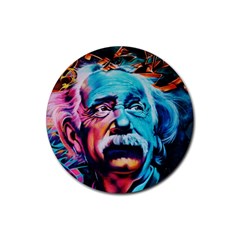 Albert Einstein Retro Wall Graffiti Blue Pink Orange Modern Urban Art Grunge Rubber Round Coaster (4 Pack)  by genx