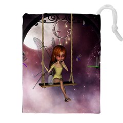 Little Fairy On A Swing With Dragonfly In The Night Drawstring Pouch (4xl) by FantasyWorld7