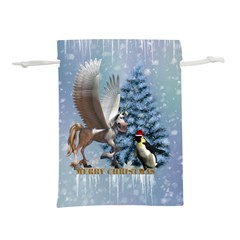 Merry Christmas, Funny Pegasus With Penguin Lightweight Drawstring Pouch (s) by FantasyWorld7