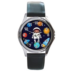 Boy Spaceman Space Rocket Ufo Planets Stars Round Metal Watch by Vaneshart
