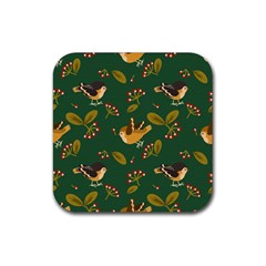 Cute Seamless Pattern Bird With Berries Leaves Rubber Coaster (square)  by BangZart