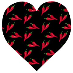 Red, Hot Jalapeno Peppers, Chilli Pepper Pattern At Black, Spicy Wooden Puzzle Heart by Casemiro