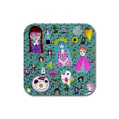 Blue Denim And Drawings Daisies Aqua Rubber Square Coaster (4 Pack)  by snowwhitegirl