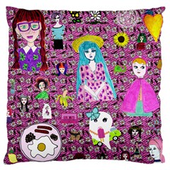 Blue Denim And Drawings Daisies Pink Large Cushion Case (two Sides) by snowwhitegirl
