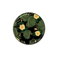 Tropical Vintage Yellow Hibiscus Floral Green Leaves Seamless Pattern Black Background  Hat Clip Ball Marker (10 Pack) by Sobalvarro