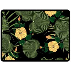 Tropical Vintage Yellow Hibiscus Floral Green Leaves Seamless Pattern Black Background  Fleece Blanket (large)  by Sobalvarro