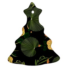 Tropical Vintage Yellow Hibiscus Floral Green Leaves Seamless Pattern Black Background  Ornament (christmas Tree)  by Sobalvarro