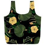 Tropical vintage yellow hibiscus floral green leaves seamless pattern black background. Full Print Recycle Bag (XXL) Front