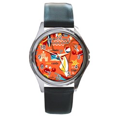 Seamless-pattern-vector-beach-holiday-theme-set Round Metal Watch by Jancukart