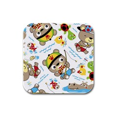 Vector-seamless-pattern-cute-fishing-animals-cartoon Rubber Square Coaster (4 Pack) by Jancukart