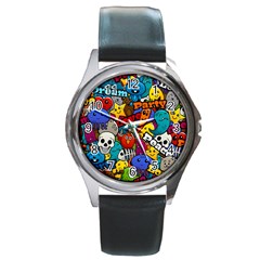 Graffiti Characters Seamless Pattern Round Metal Watch by Pakemis
