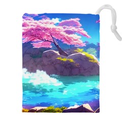 Fantasy Japan Mountains Cherry Blossoms Nature Drawstring Pouch (4xl) by Uceng