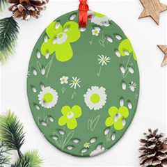 Daisy Flowers Lime Green White Forest Green  Ornament (oval Filigree) by Mazipoodles