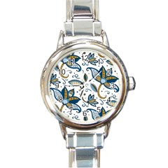 Flowers Blue Texture Style Batik Round Italian Charm Watch by Jancukart