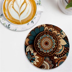 Bohemian Flair In Blue And Earthtones Uv Print Round Tile Coaster by HWDesign