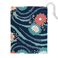 Waves Flowers Pattern Water Floral Minimalist Drawstring Pouch (4xl) by Pakemis