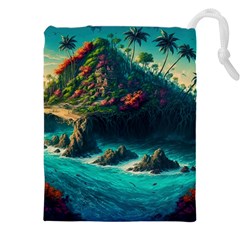 Tropical Island Paradise Ocean Sea Palm Trees Drawstring Pouch (4xl) by Pakemis