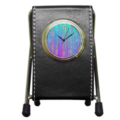 Blue Magenta Speckles Line Pen Holder Desk Clock by Semog4