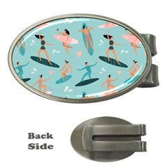 Beach-surfing-surfers-with-surfboards-surfer-rides-wave-summer-outdoors-surfboards-seamless-pattern- Money Clips (oval)  by Salman4z