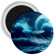 Moonlight High Tide Storm Tsunami Waves Ocean Sea 3  Magnets by Ravend