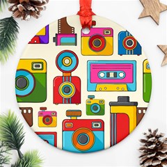 Retro-cameras-audio-cassettes-hand-drawn-pop-art-style-seamless-pattern Ornament (round) by Salman4z