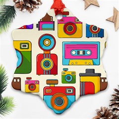 Retro-cameras-audio-cassettes-hand-drawn-pop-art-style-seamless-pattern Snowflake Ornament (two Sides) by Salman4z