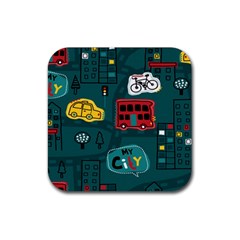 Seamless-pattern-hand-drawn-with-vehicles-buildings-road Rubber Coaster (square) by Salman4z